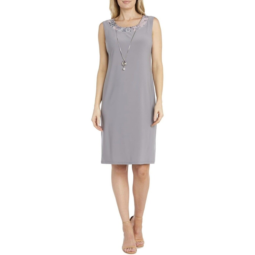 R&M Richards Gray Shift Dress 4P Petite Removable Necklace Formal Cocktail